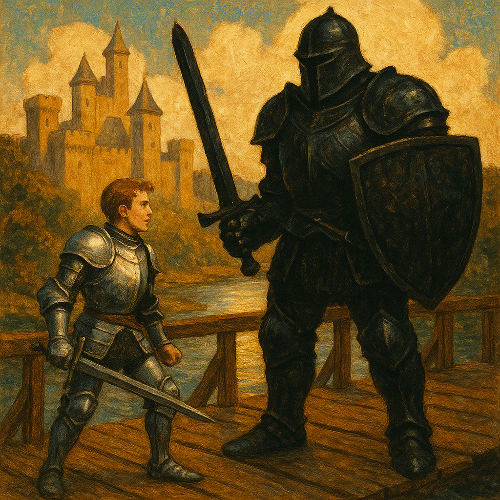 Sir Le Beau Disconus faces the black giant Maugis on a bridge in "In The Castle Of The Sorcerers"