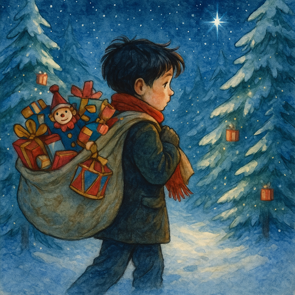 A boy carries a sack of Christmas gifts through a glowing snowy forest in In the Great Walled Country.