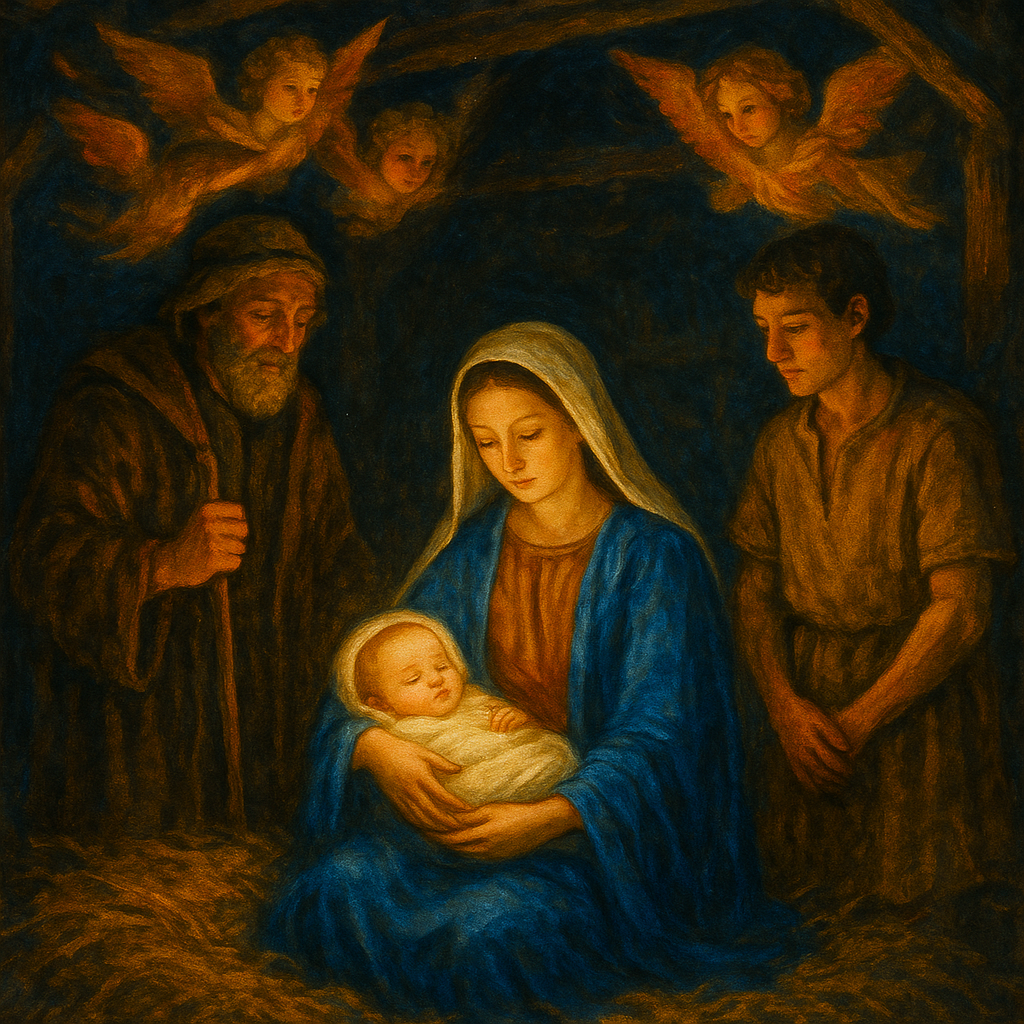 Shepherds and glowing angels gather around the infant Christ in a stable — In the Holy Nativity of our Lord