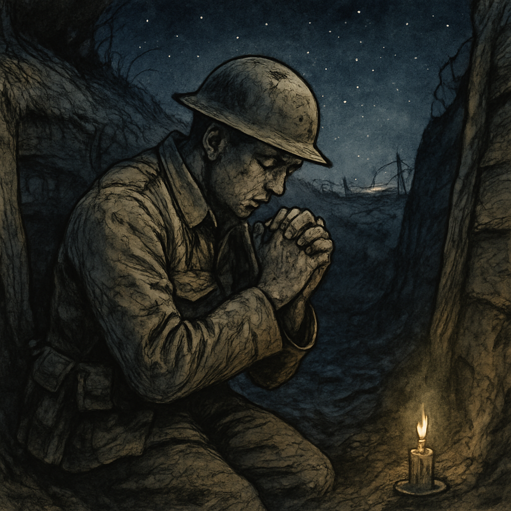 A World War I soldier kneels in a trench at night in prayer, illustrating Alfred Noyes's poem Intercession.