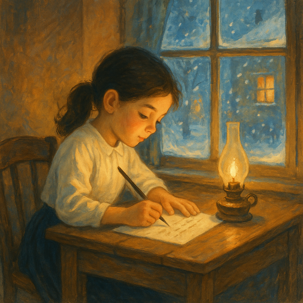 A young girl writing a letter by lamplight in winter — scene from "Is There a Santa Claus?"