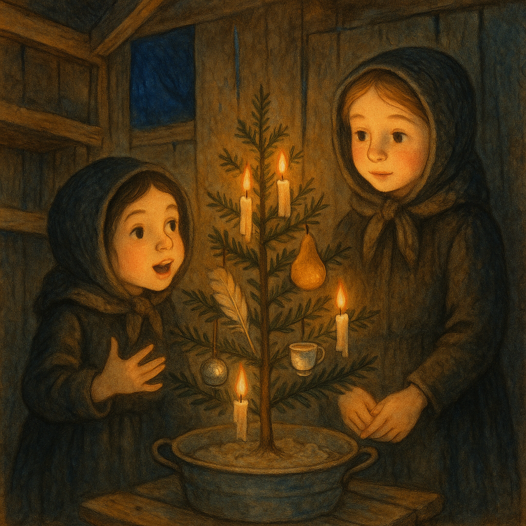 Two young girls decorate a small hemlock Christmas tree by candlelight in an old henhouse, in "It's For Christmas, Aunt Jane."