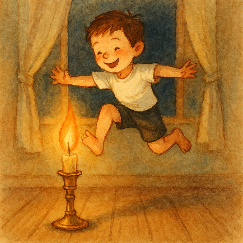 A young boy joyfully leaping over a glowing candlestick, illustrating the nursery rhyme Jack Be Nimble.