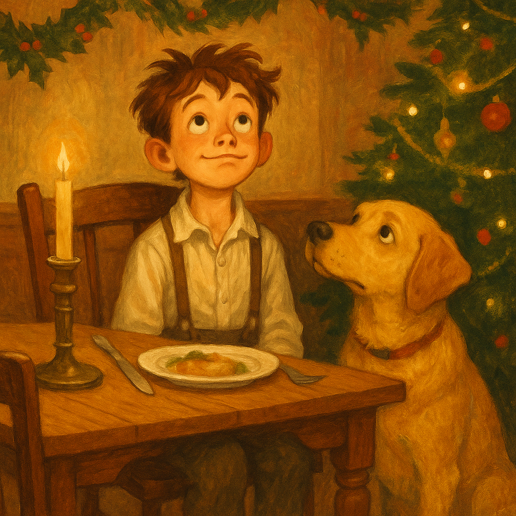 A mischievous boy sits angelically at the dinner table with his yellow dog in "Jest 'fore Christmas"