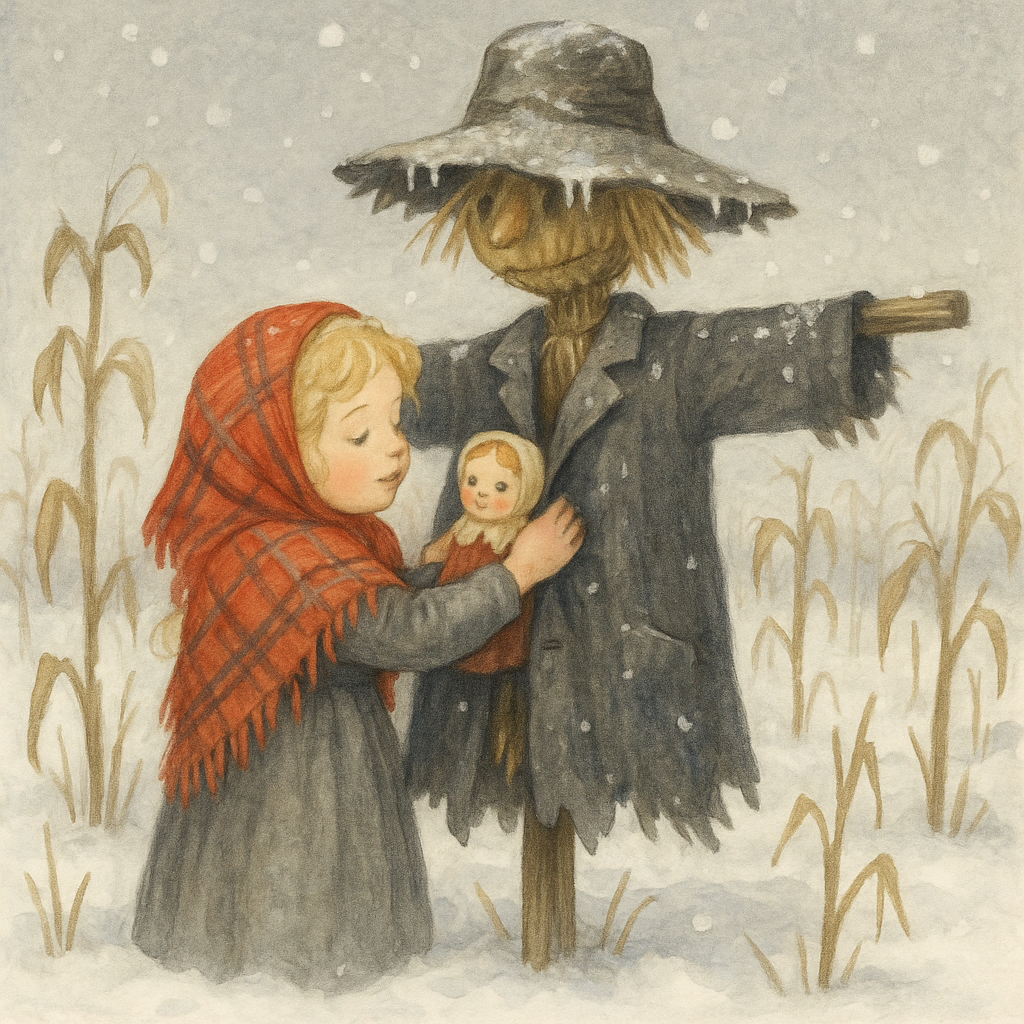 A girl in a red shawl tucks her doll-baby into a snow-covered scarecrow's coat in a wintry cornfield — Jimmy Scarecrow's Christmas.