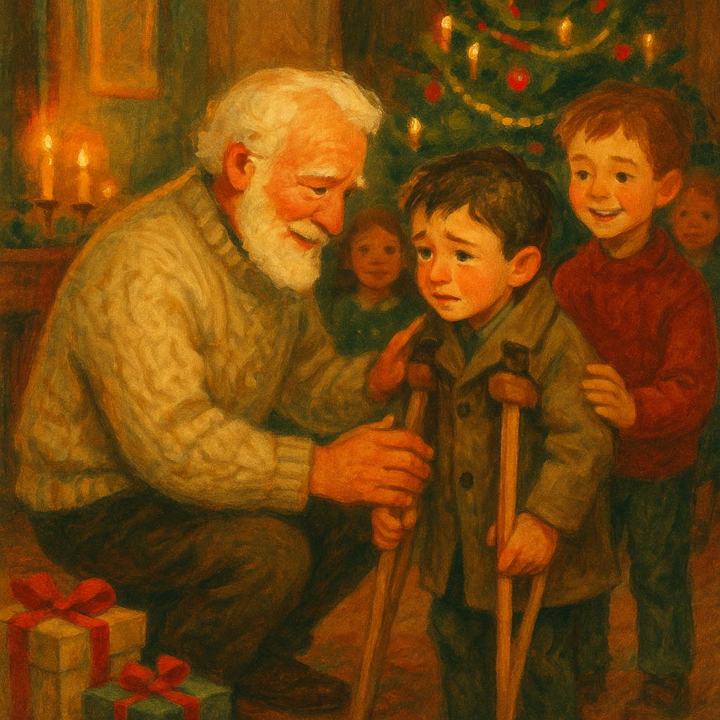 An elderly grandpa welcomes lame Joe at Christmas in Joe's Christmas Day by Anna Porter Johnson