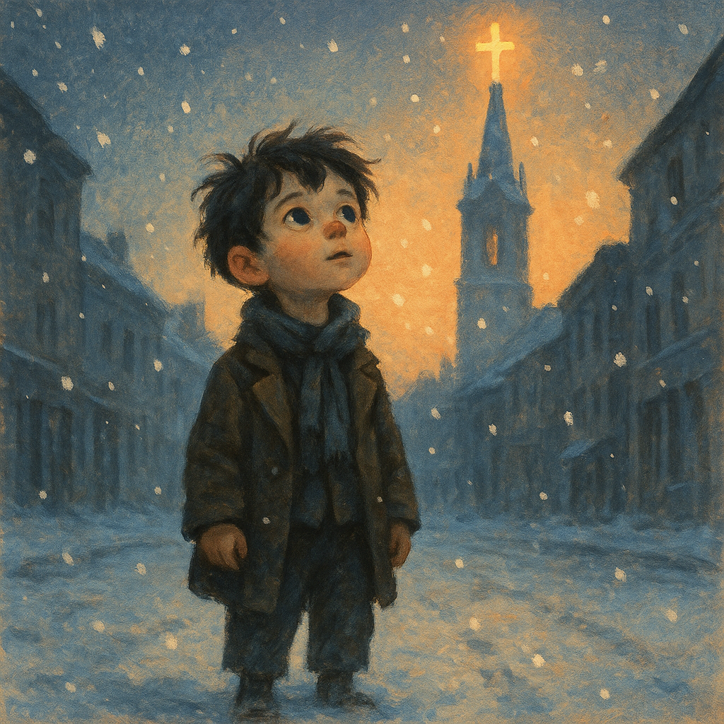 A small boy in worn clothes gazes up at a glowing church cross in the snow, from Joe's Search for Santa Claus.