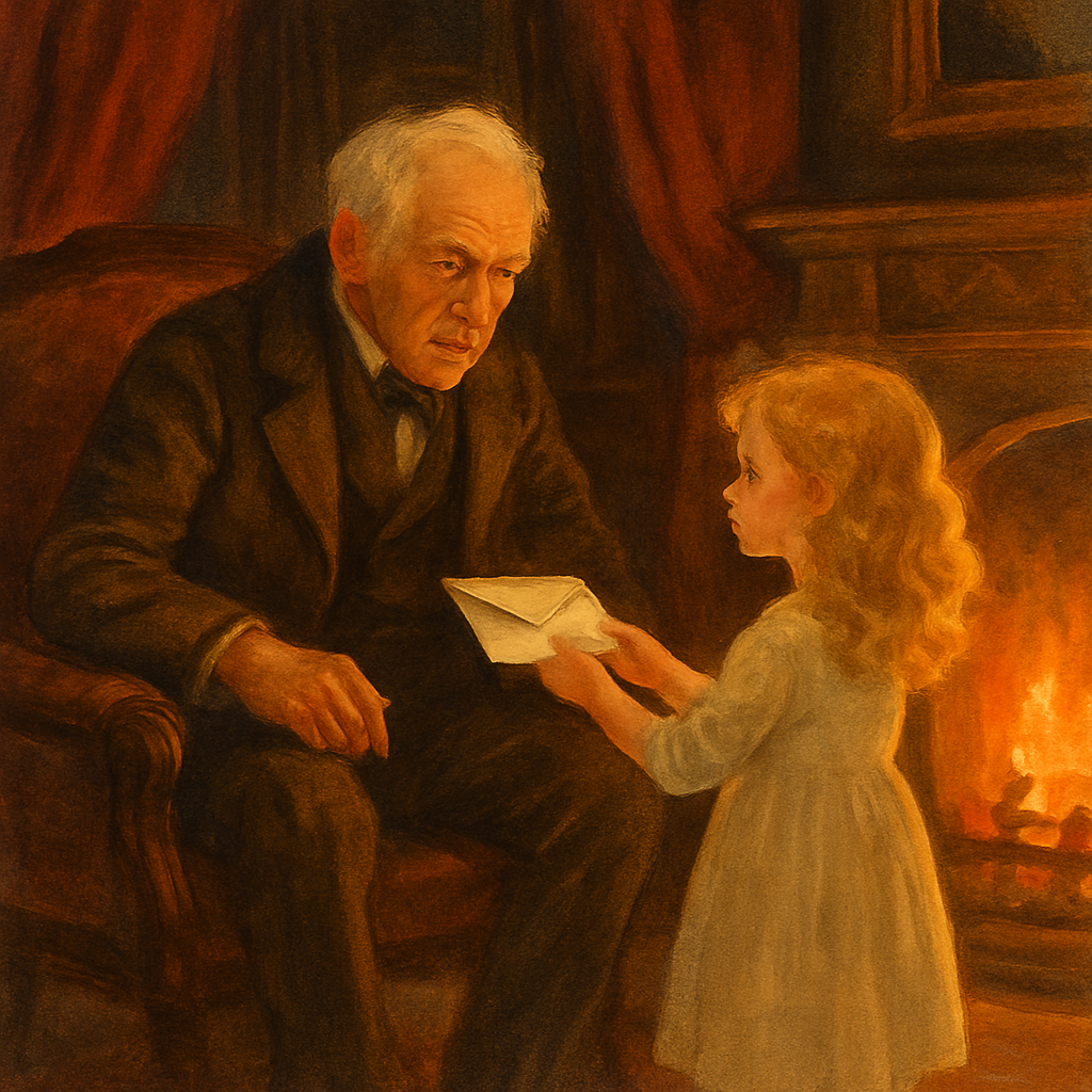 An elderly man reaches toward a golden-haired girl holding a letter, in a scene from Joseph Golding's Last Christmas.