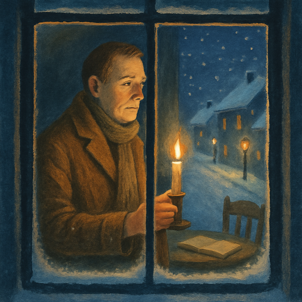 A man holding a candle gazes out a snowy window, illustrating Henry van Dyke's "Keeping Christmas"