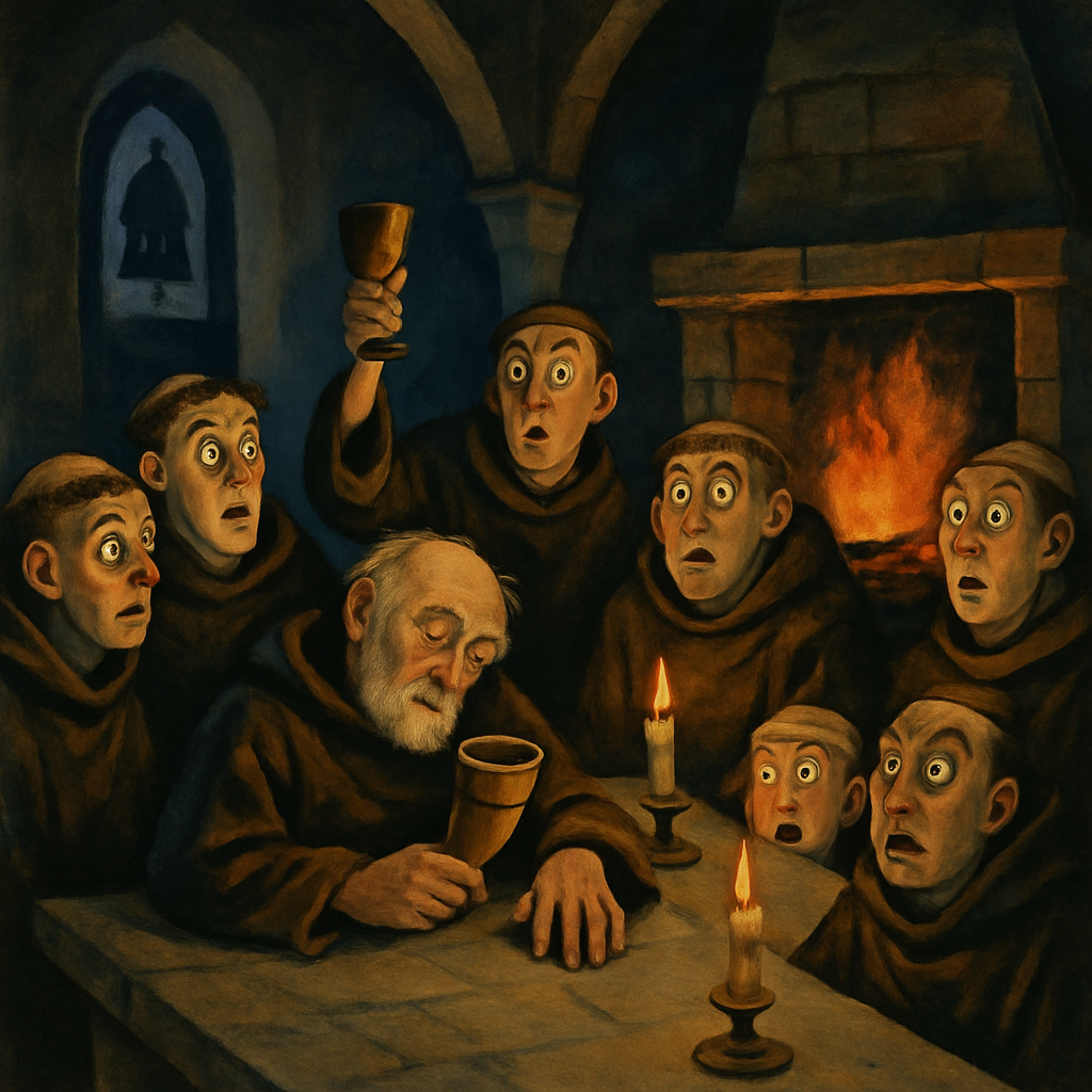 Monks drinking at Christmas as their abbot dies clutching the golden horn, in King Witlaf's Drinking-Horn.