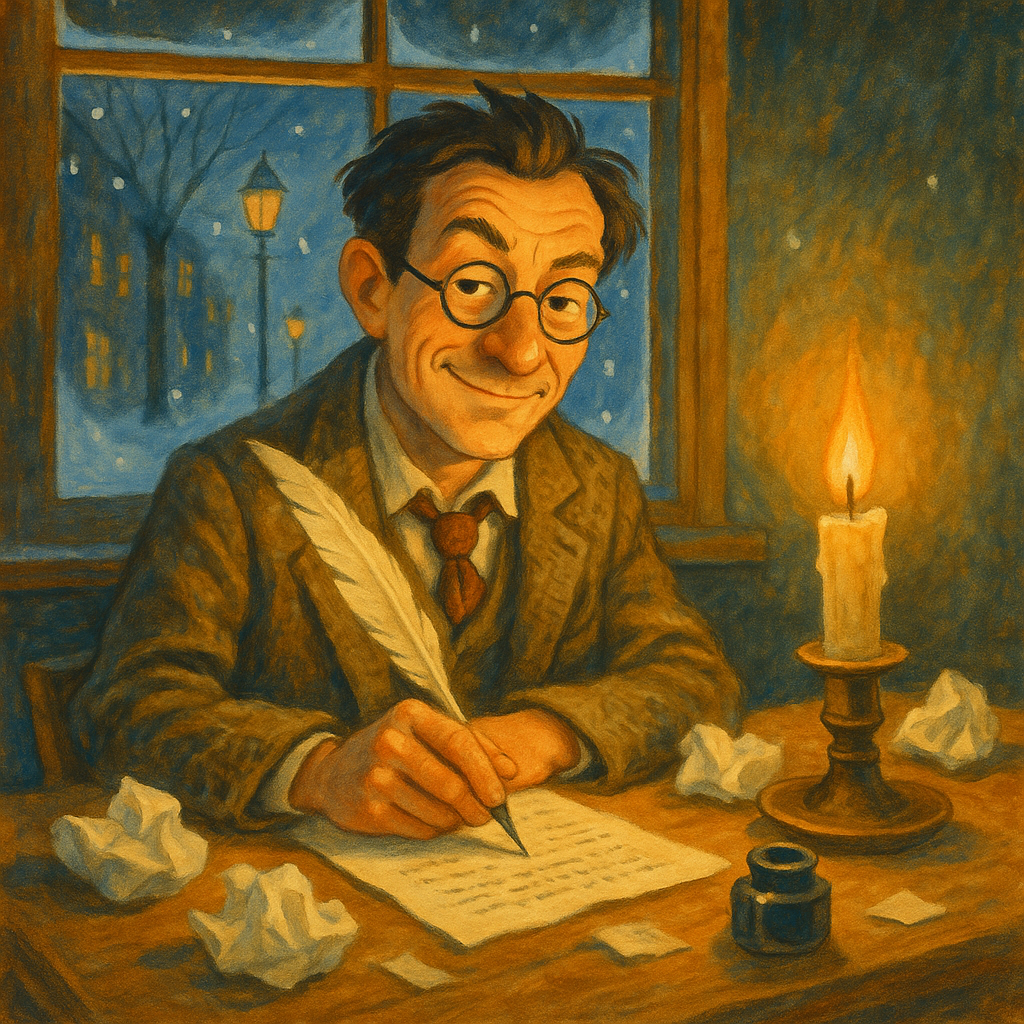 A writer at a candlelit desk smirks over his Christmas poem drafts, illustrating "Lines to Christmas"