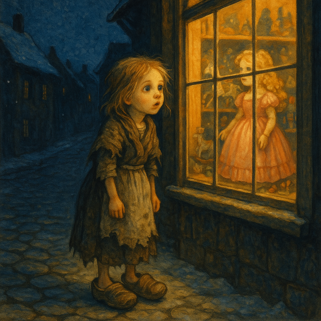 Little Cosette stares through a glowing toy shop window at a beautiful doll on Christmas Eve, in this scene from Little Cosette.