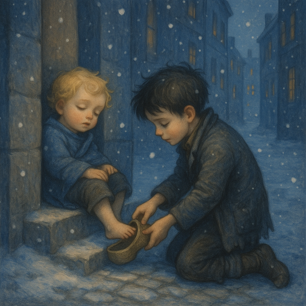 Little Jean kneels in the snow to place his wooden shoe on a barefoot sleeping boy's cold feet, in Little Jean