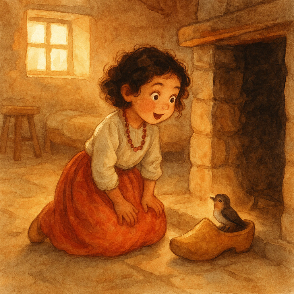 A young girl discovers a little bird nestled inside her wooden shoe by the fireplace, in Little Piccola.