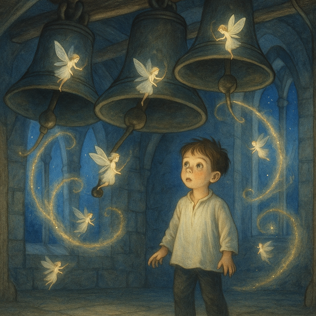 Little Roger watches Christmas fairies ring the church bells in the moonlit belfry in Little Roger's Night in the Church.
