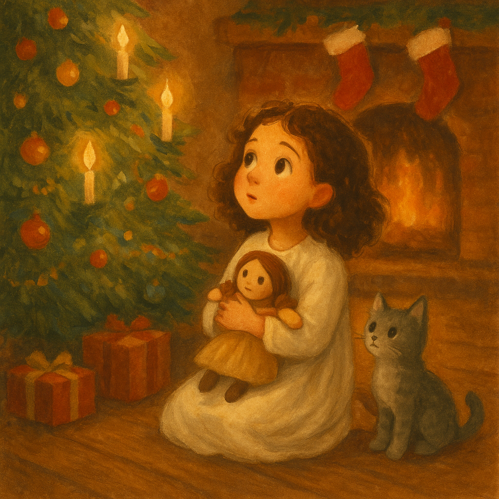 Deborah hugs her doll beside a glowing Christmas tree in Little Sea Bird's Christmas