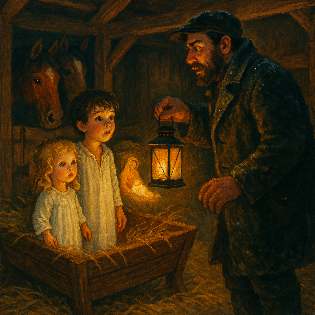 Two young children face a bearded stranger with a lantern in a candlelit stable, in "Looking for Santa Claus."