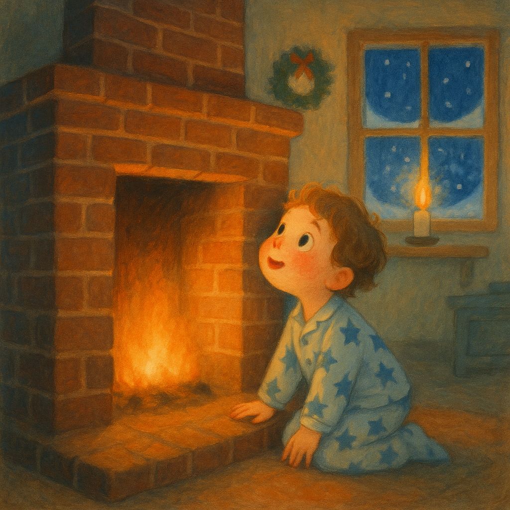 A young child peering up a wide chimney on Christmas Eve, in an illustration for "Looking Out for Santy."