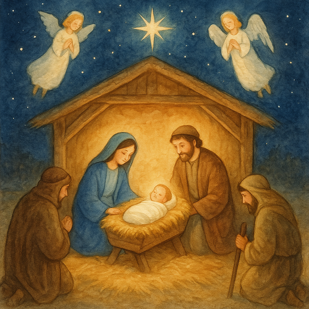 A glowing nativity scene with angels above a stable, illustrating Love Came Down at Christmas Time