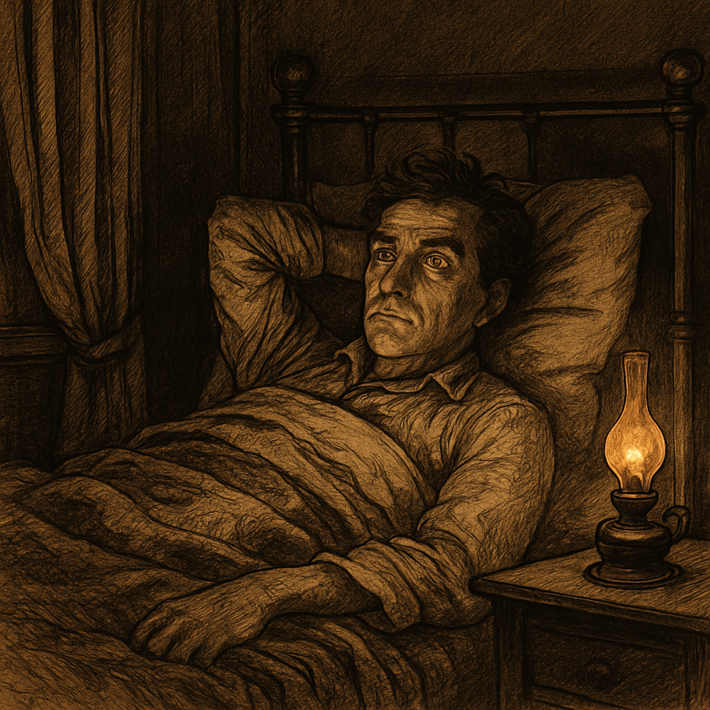 A restless man lying wide awake by candlelight in a Victorian bedroom, illustrating Lying Awake by Charles Dickens.