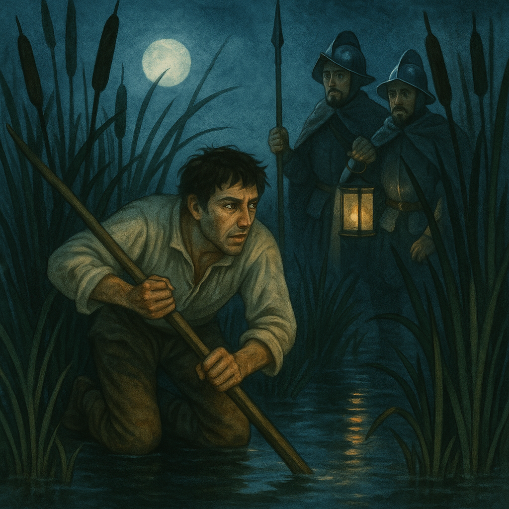 A carpenter hides in a moonlit marsh gripping a pole while armoured sentries search nearby, in Maarten and the Lost Letter.