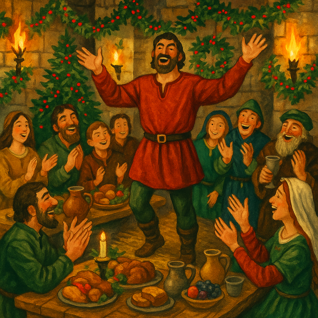 A medieval man singing at a Christmas feast in a candlelit hall, illustrating Make Me Merry Both More and Less.