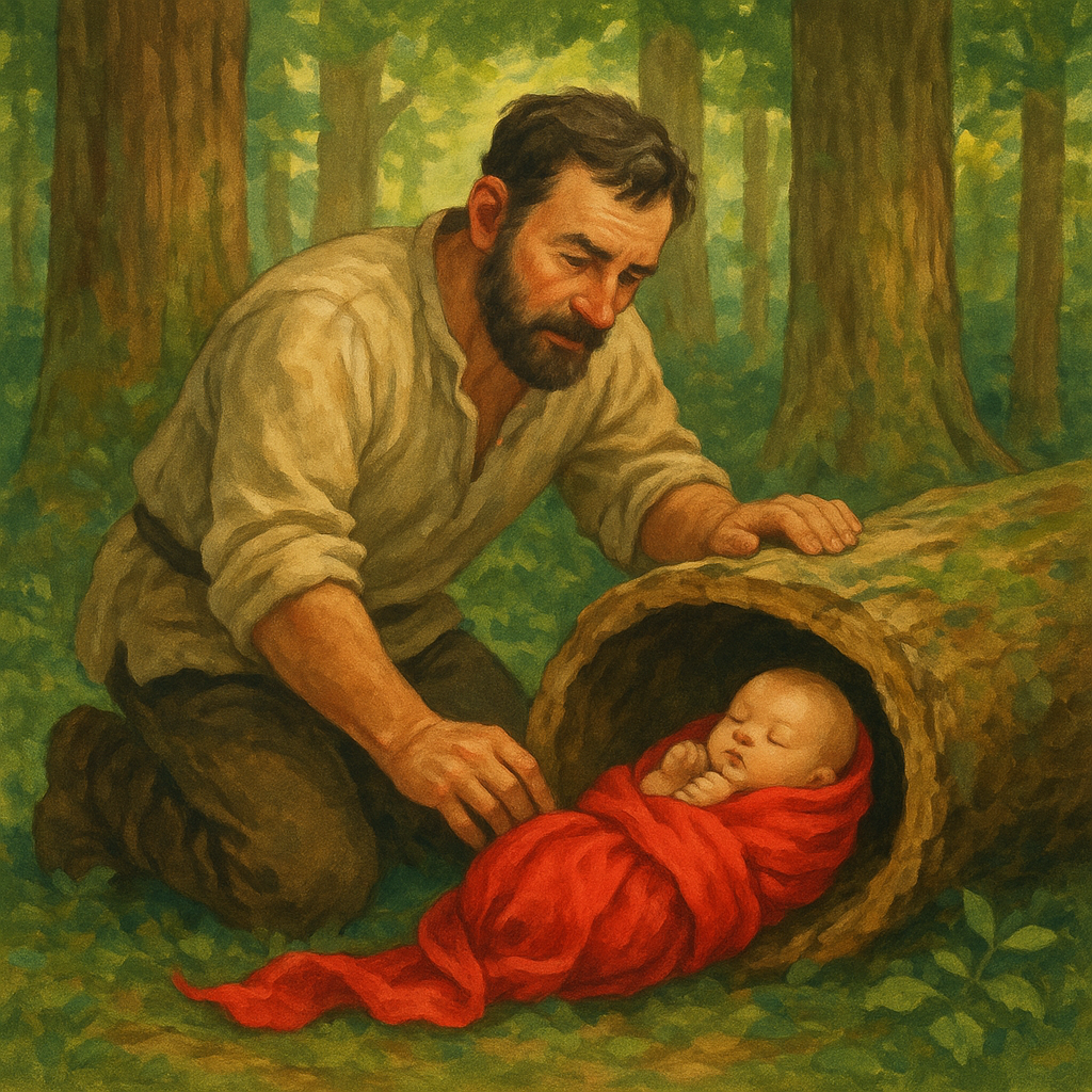 A woodcutter discovers a baby wrapped in a red sash inside a hollow log, a scene from Maria-of-the-Forest.