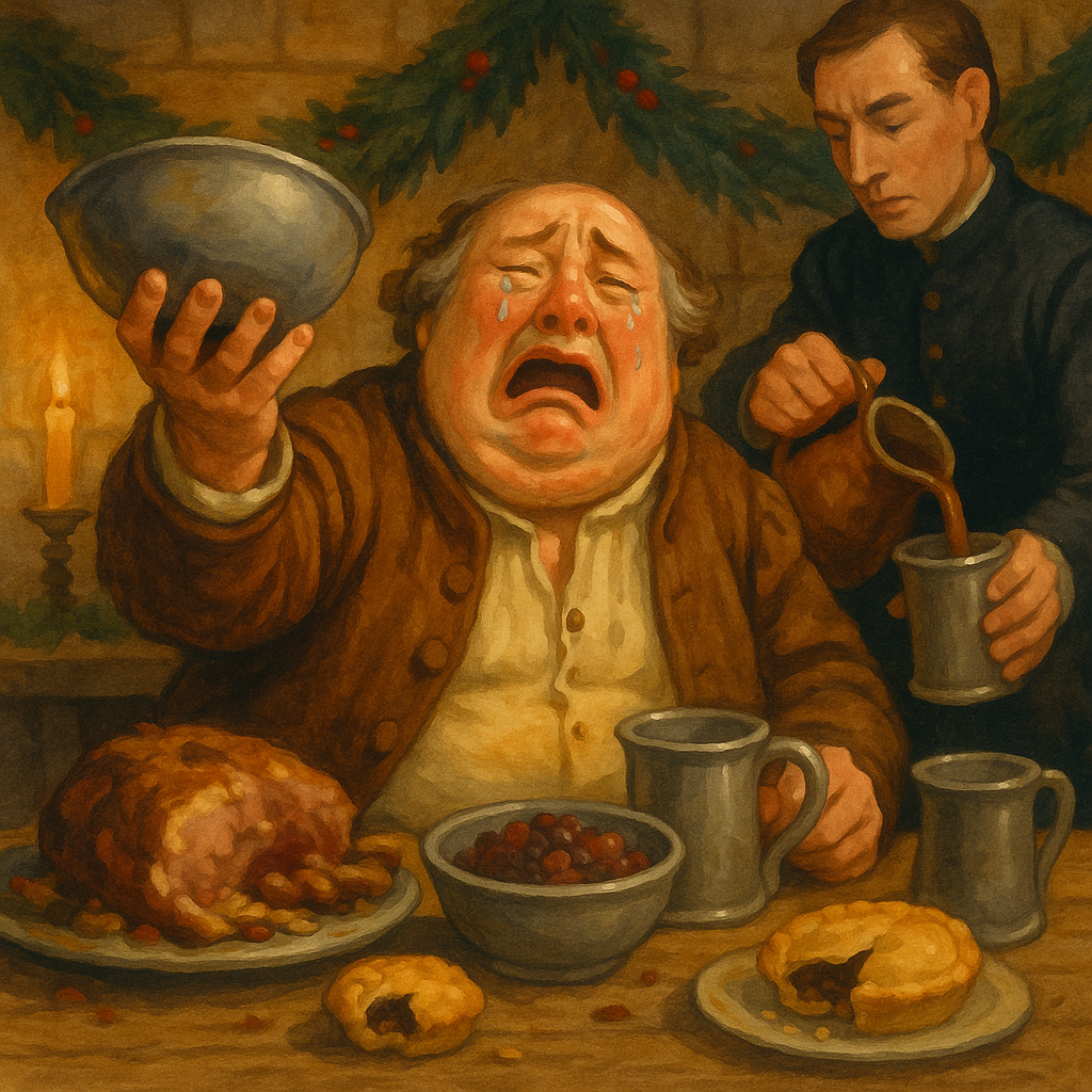 A man dramatically raises a pewter bowl at a Christmas feast table in "Mark Well My Heavy Doleful Tale"
