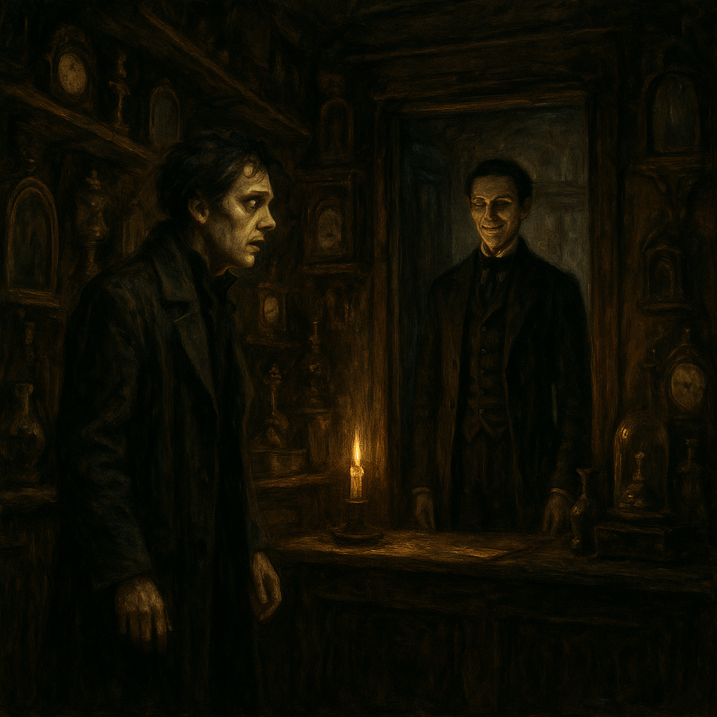 Markheim faces the mysterious visitor in the candlelit antique shop, an illustration for Markheim by Robert Louis Stevenson.