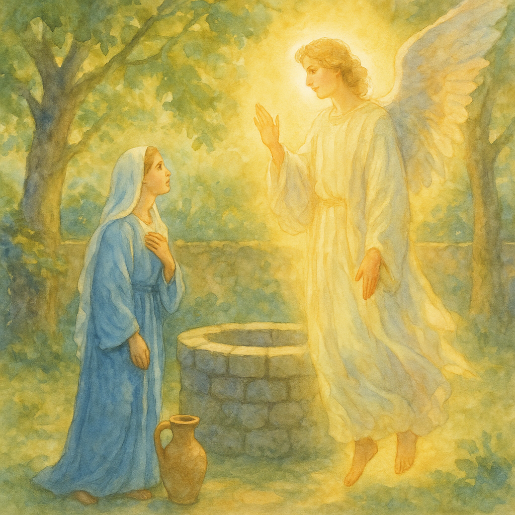 The Angel Gabriel appears to Mary at the well in this illustration for Longfellow's poem "Mary at the Well"