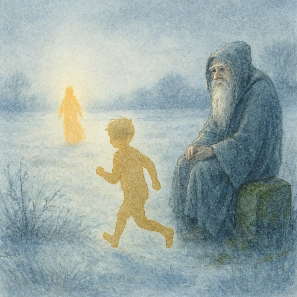 The Shadow child races across a winter meadow toward Christmas Day, as Father Time watches — Master And Boy poem