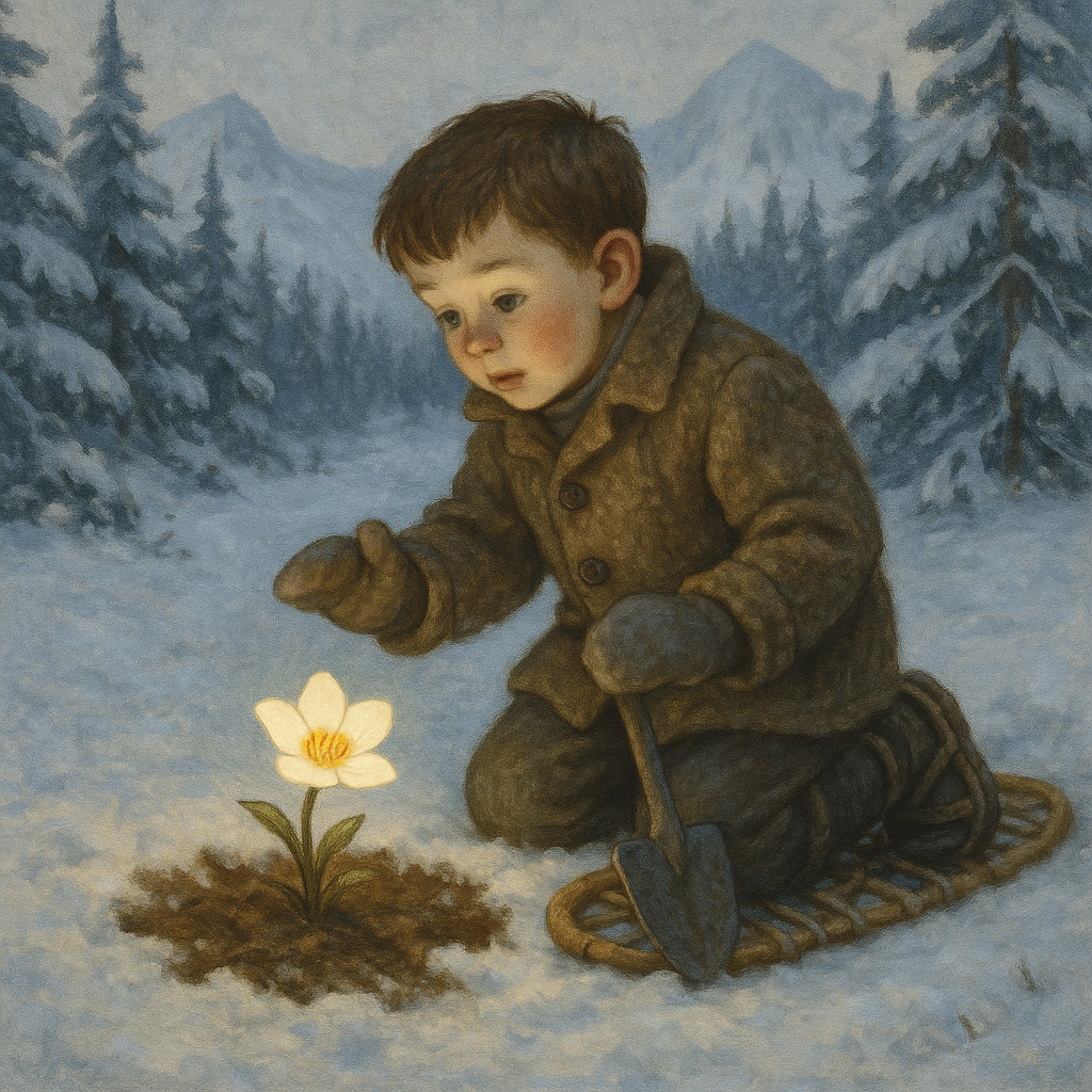 A boy kneels in the snow discovering the glowing Wonder-flower on a mountaintop in Max and the Wonder-Flower.