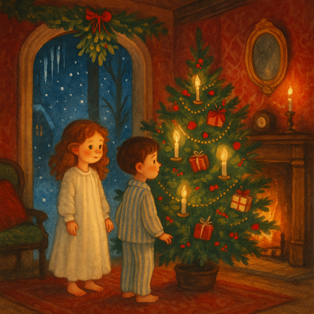 Two children beside a decorated Christmas tree by the hearth, illustrating the Merry Christmas acrostic poem.