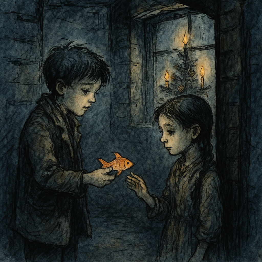 A boy gives a paper goldfish to a girl in a tenement doorway, with a candlelit Christmas tree glowing behind them.
