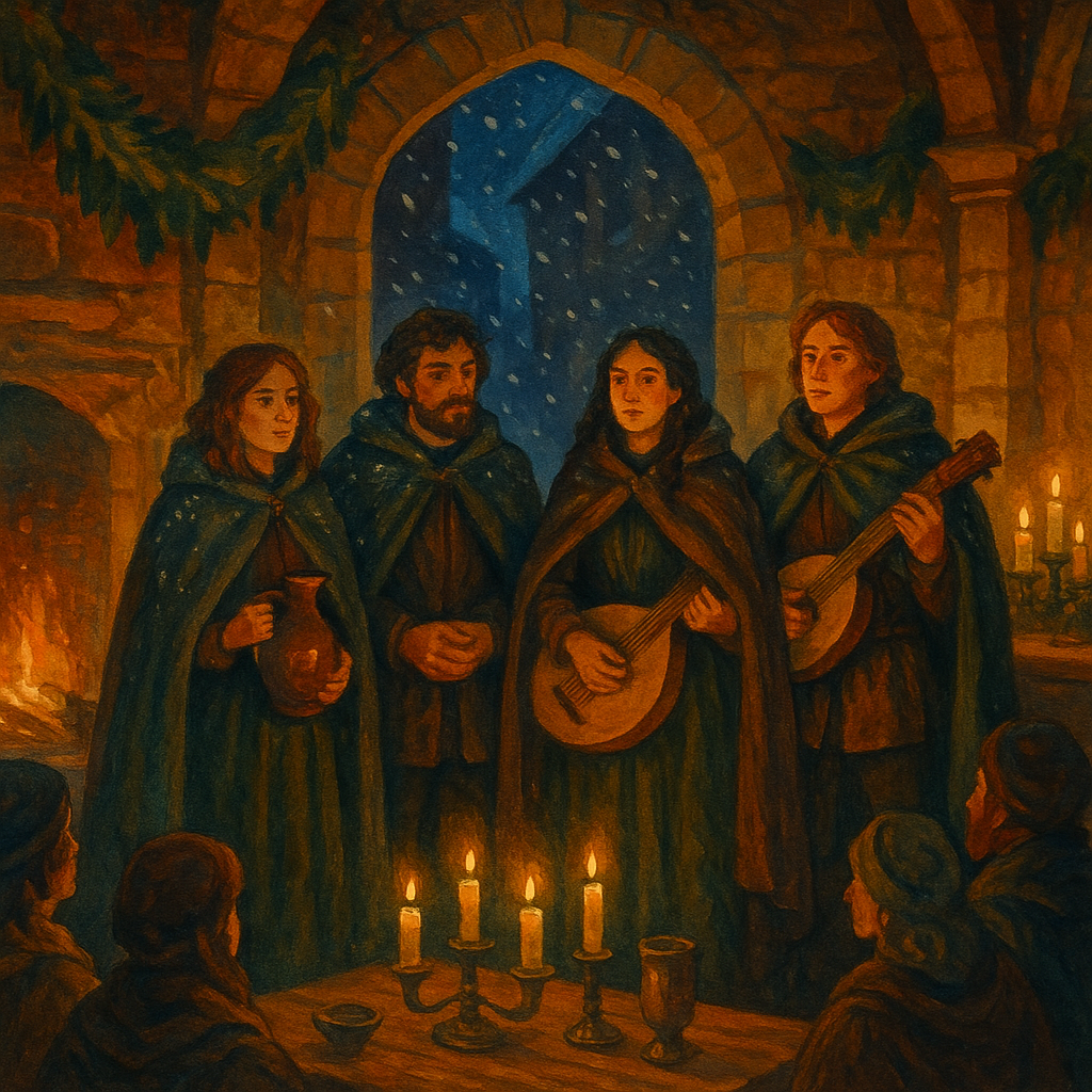 Wandering minstrels in a candlelit medieval hall on a snowy night, illustrating Minstrels and Maids by William Morris.