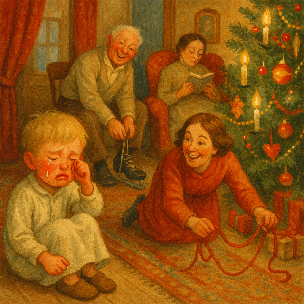 Little boy Willy crying in the corner on Christmas morning, in the poem Misplaced Confidence