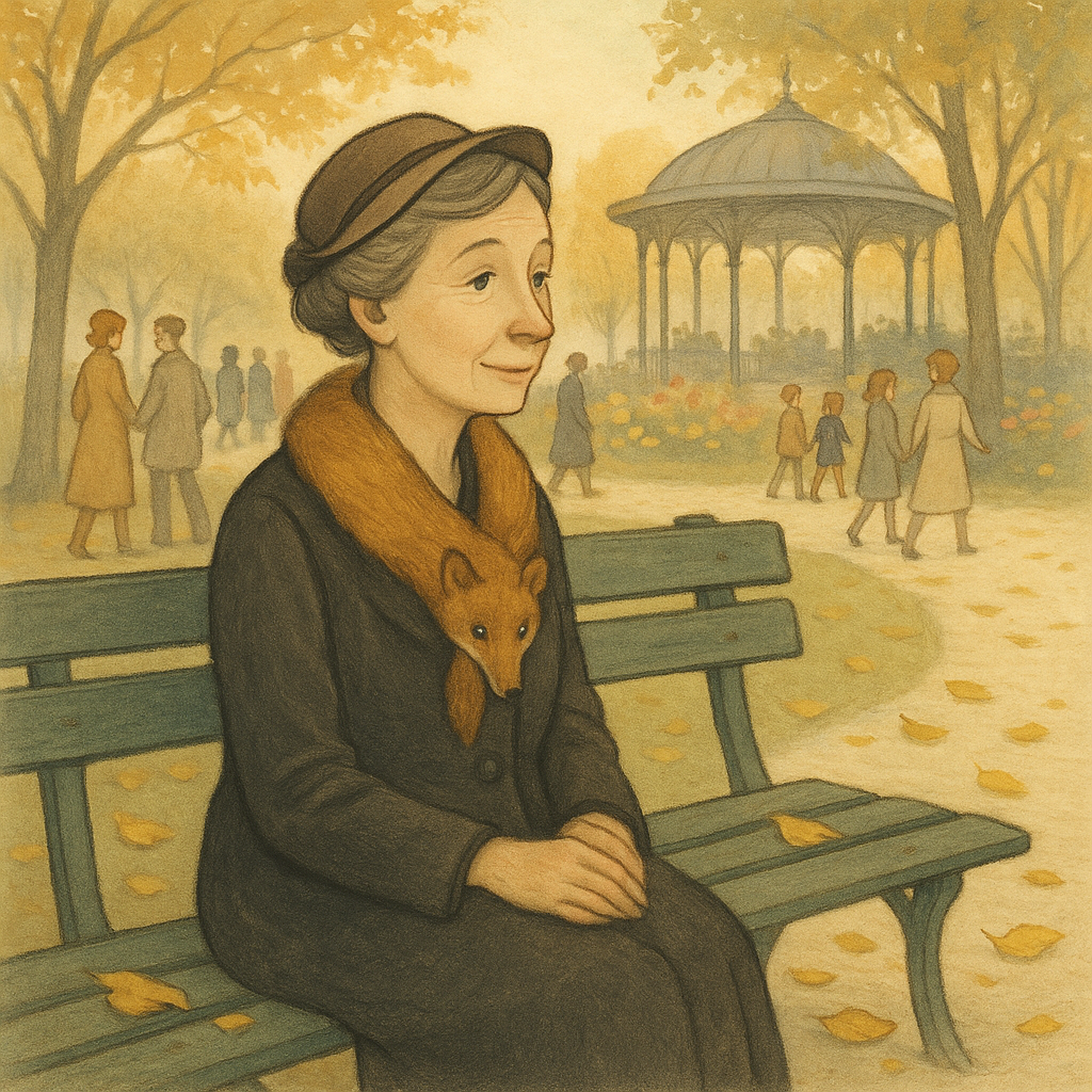 A solitary woman in a fox-fur stole sits on a park bench watching the crowd in Miss Brill by Katherine Mansfield.