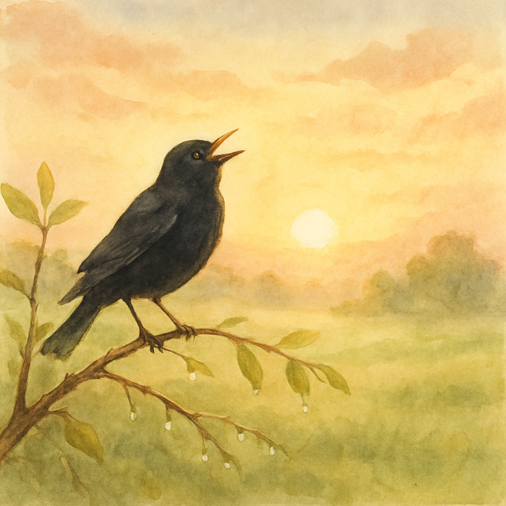 A blackbird singing at sunrise in Morning Has Broken, a poem by Ririro