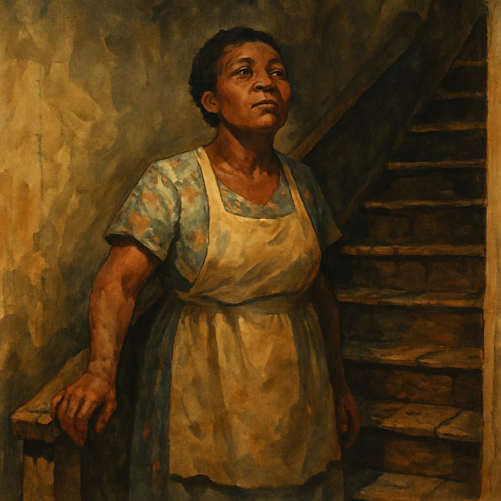 A mother stands on a worn, tack-ridden wooden staircase in dim light — illustrating "Mother to Son" by Langston Hughes.