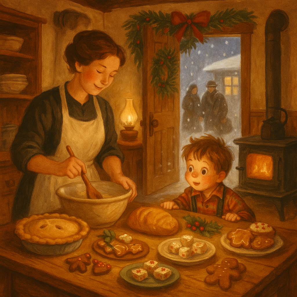 A mother in a white apron baking Christmas food as an eager child watches — illustration for "Mother's Cookin' Up"