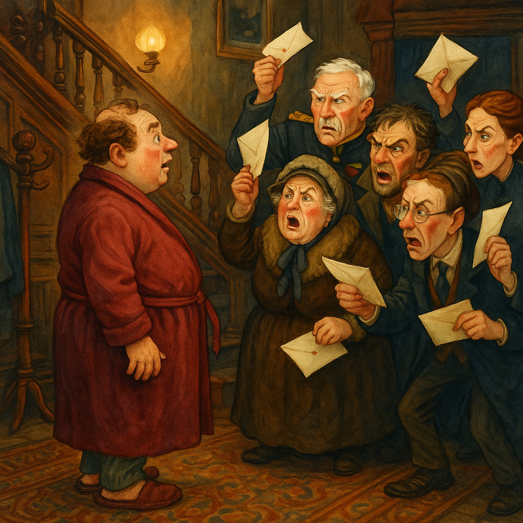 Mr. Grapewine faces five furious guests waving his Christmas dinner invitations in the hallway — Mr. Grapewine's Christmas Dinner