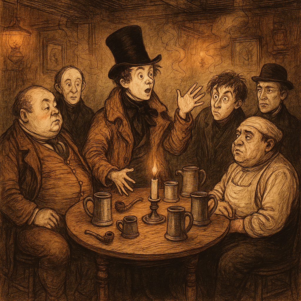 Mr. Robert Bolton holds court at a Victorian pub table in Dickens' short story, surrounded by stunned tradesmen.