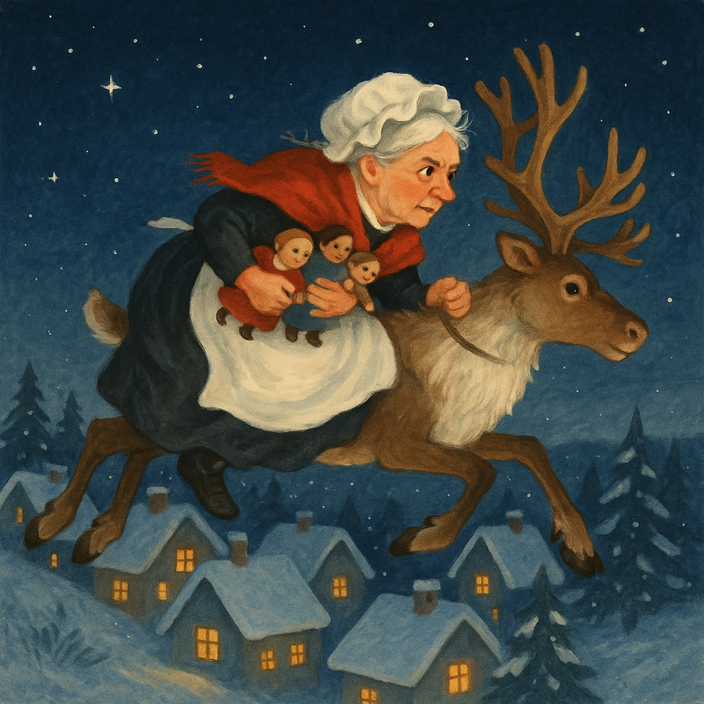 Mrs. Santa Claus rides Blitzen through the snowy night with three forgotten dolls in the story Mrs. Santa Claus.