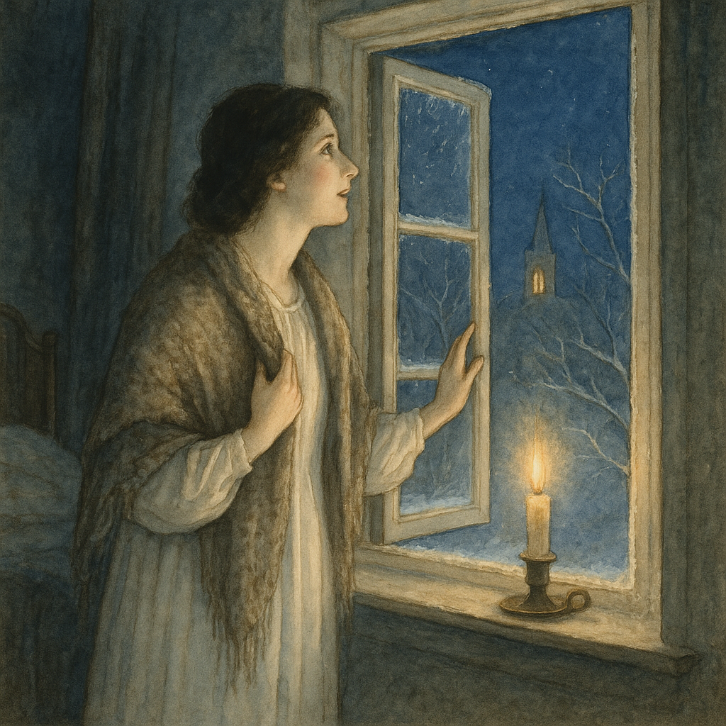 A woman at a candlelit winter window listens to distant Christmas music, in Anne Brontë's poem Music on Christmas Morning.