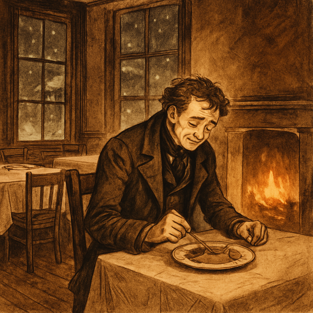 A lone Victorian man finally dining alone in a deserted restaurant on Christmas Day, in "My Christmas Dinner"