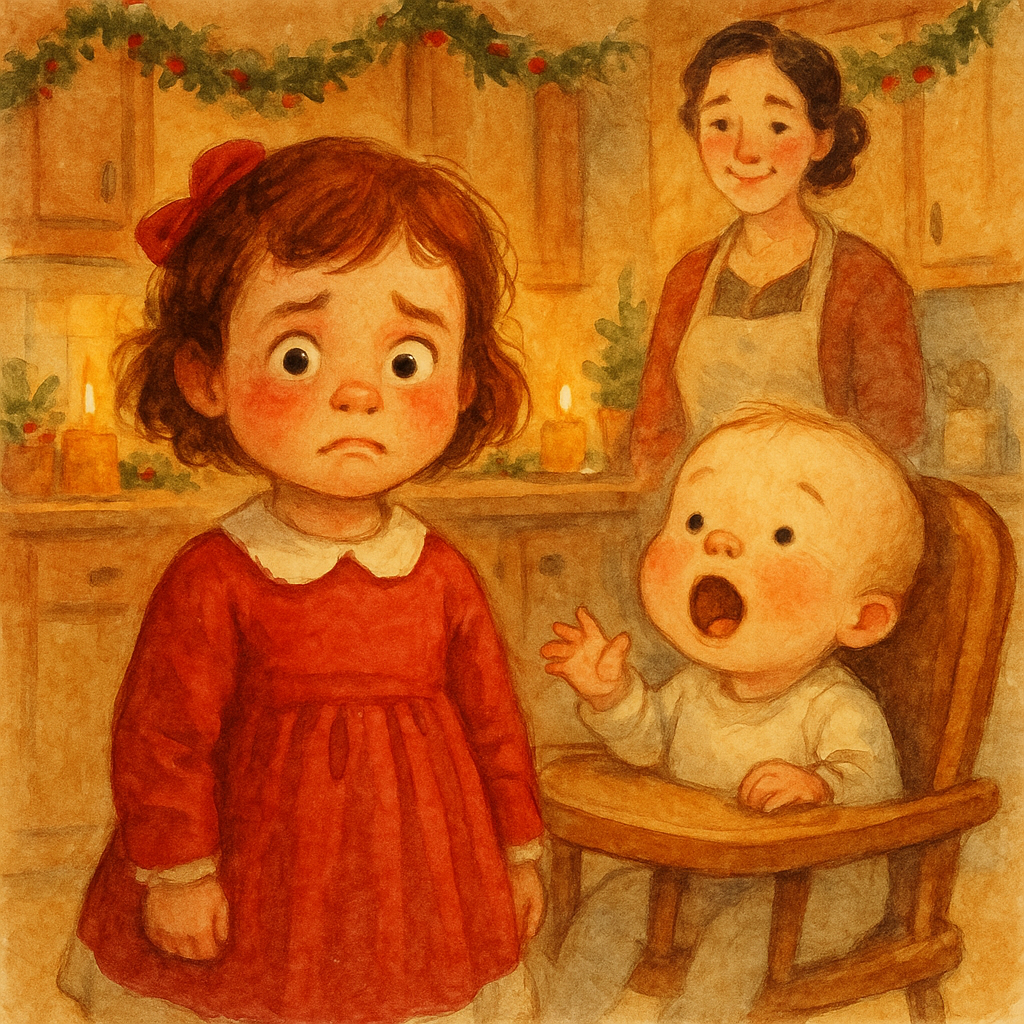 A little girl accidentally spills Christmas gift secrets to her baby brother in a cosy kitchen, in "My Christmas Secrets"