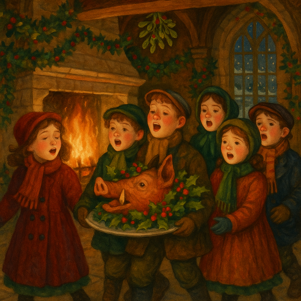 Children singing carols and carrying the boar's head in a Yule log firelight scene from Noel: A Ballade for Christmas.