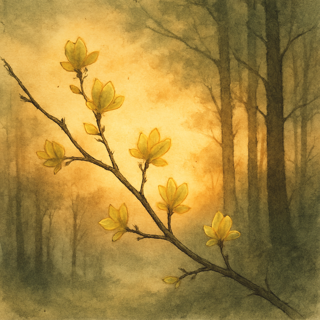 A golden-green spring branch catching early dawn light, illustrating the fleeting beauty in "Nothing Gold Can Stay"