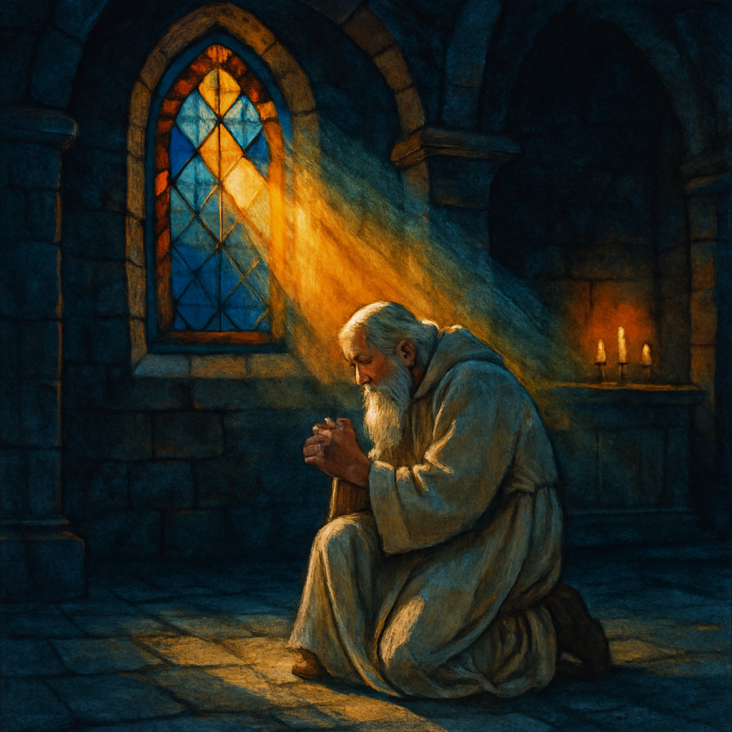 A robed figure kneeling in prayer beneath a beam of golden light in a stone chapel, illustrating O Come, O Come Emmanuel.