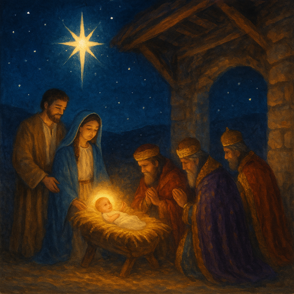 Three wise men kneel before the manger in a glowing nativity scene, illustrating O Holy Night by Placide Cappeau.